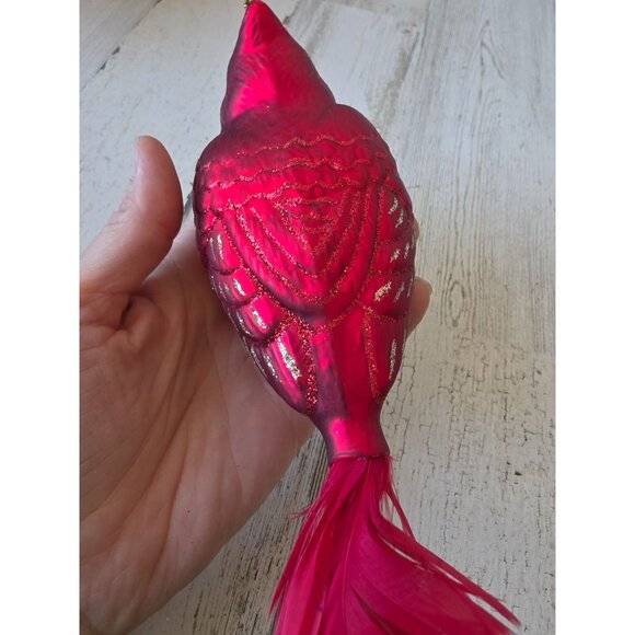 Glass red glitter cardinal feather ornament Xmas tree - Picture 7 of 9